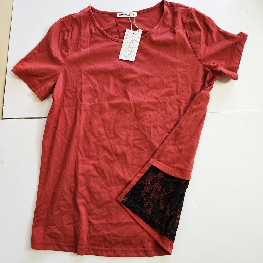 Etosell Womens Red Top‎ M Lace Back Short Sleeve Blouse Casual NWT